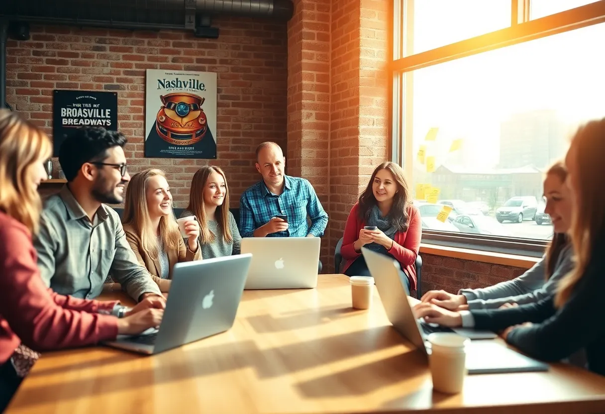 Diverse entrepreneurs collaborating in a Nashville co-working space with laptops, coffee, and sticky notes