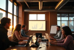 Diverse startup team collaborating in a Nashville co-working space with laptops and a whiteboard