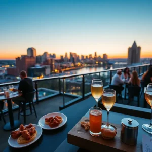 Rooftop hotel bar with happy hour plates, drinks, and Nashville skyline at sunset with a hotel market display in foreground