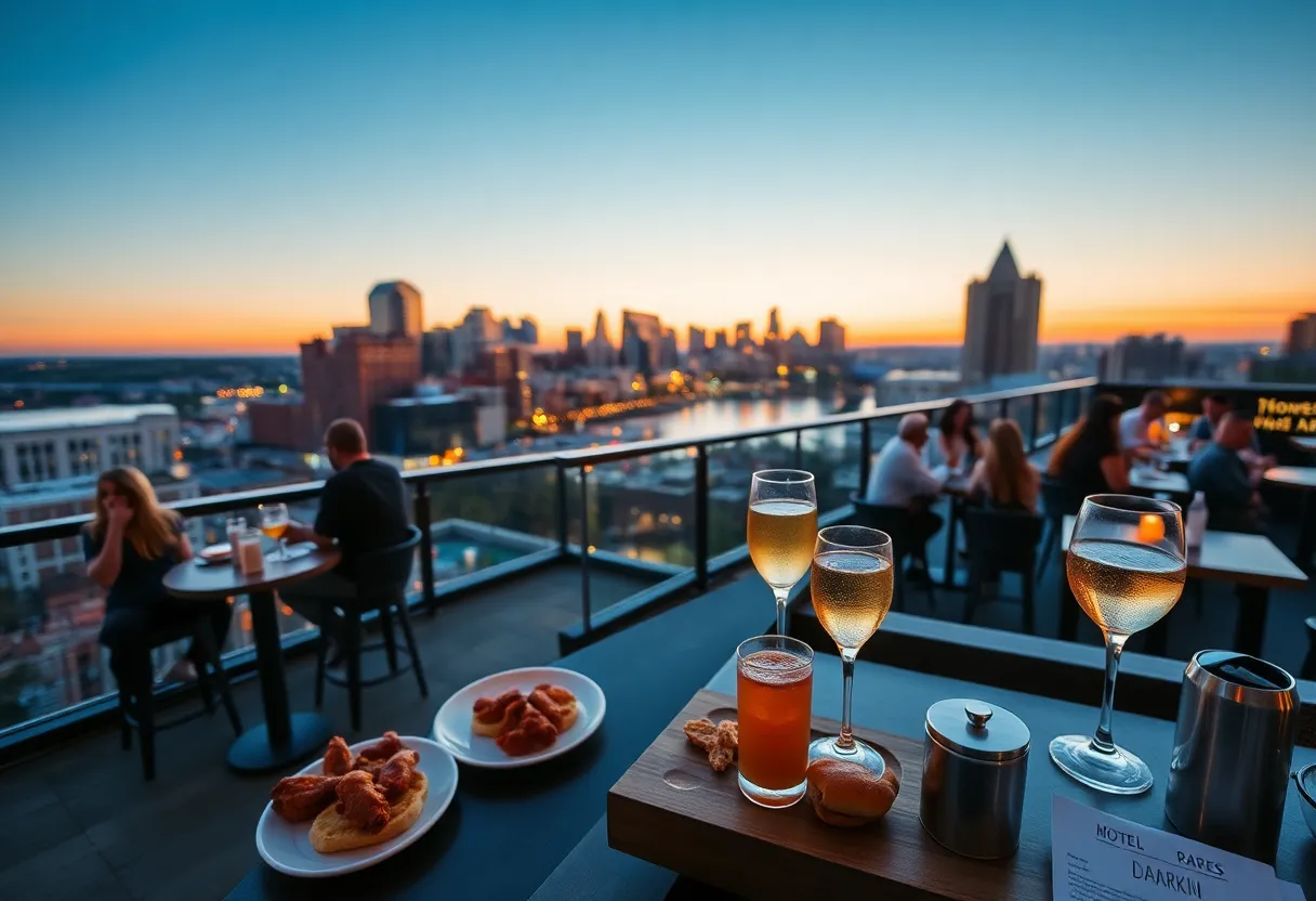 Rooftop hotel bar with happy hour plates, drinks, and Nashville skyline at sunset with a hotel market display in foreground