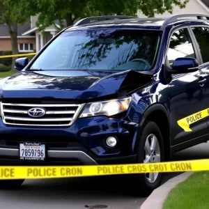 Dark blue SUV with front-end damage involved in a hit-and-run incident