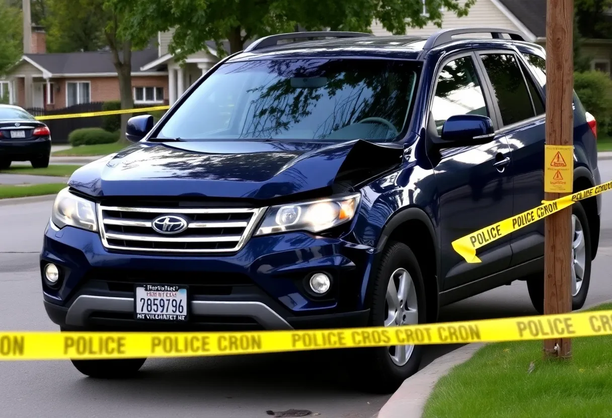 Dark blue SUV with front-end damage involved in a hit-and-run incident