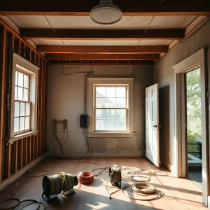 Exposed wiring, tools, and a new breaker panel inside a historic Nashville bungalow during a home rewire.
