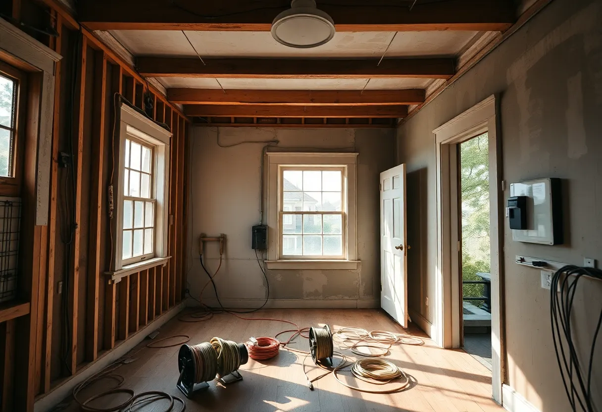 Exposed wiring, tools, and a new breaker panel inside a historic Nashville bungalow during a home rewire.