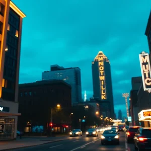 Downtown Nashville hotel and nearby residential rentals at dusk