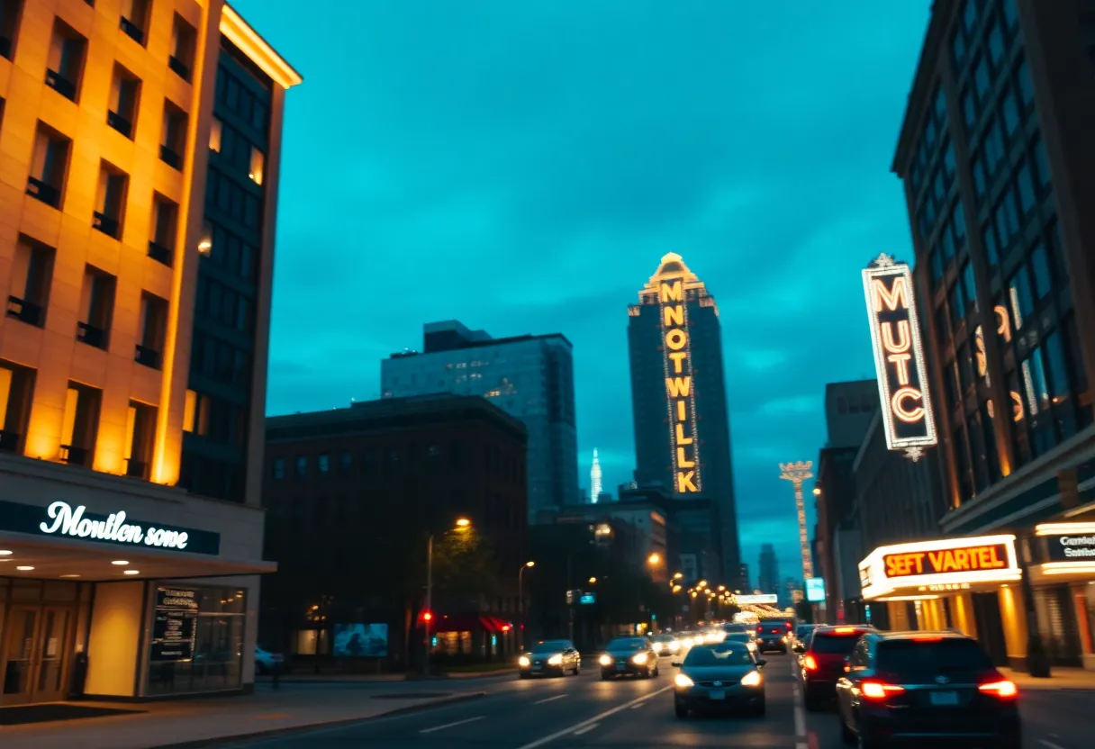 Downtown Nashville hotel and nearby residential rentals at dusk