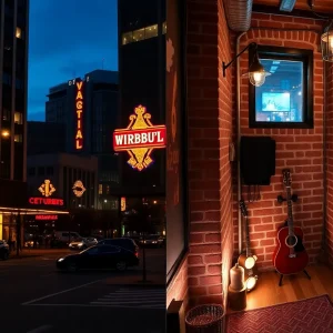 Split image of downtown hotel exterior and cozy loft Airbnb interior in Nashville at night