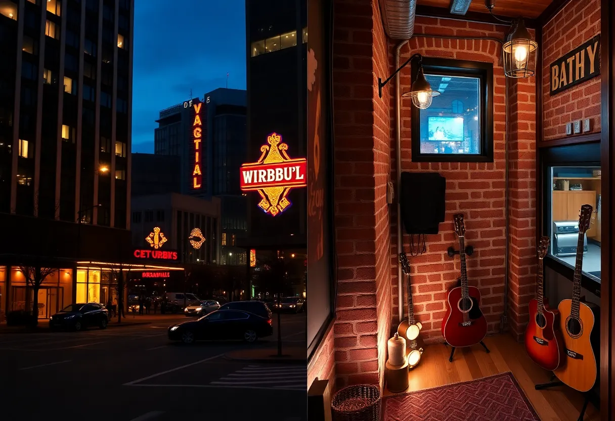 Split image of downtown hotel exterior and cozy loft Airbnb interior in Nashville at night