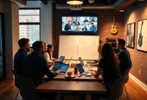 Startup team in a Nashville co-working space debating hiring a growth marketer versus a marketing agency