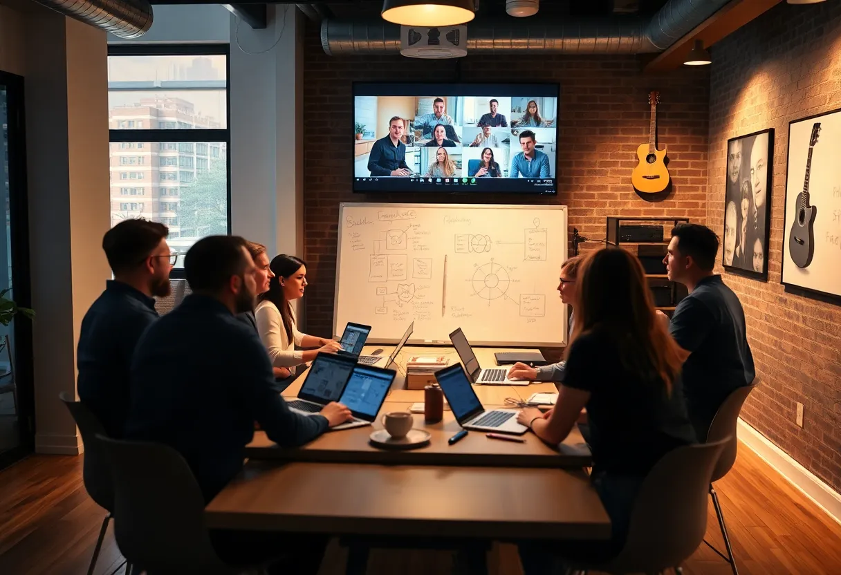 Startup team in a Nashville co-working space debating hiring a growth marketer versus a marketing agency