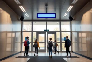Students entering a Nashville middle school with weapon detection systems installed.