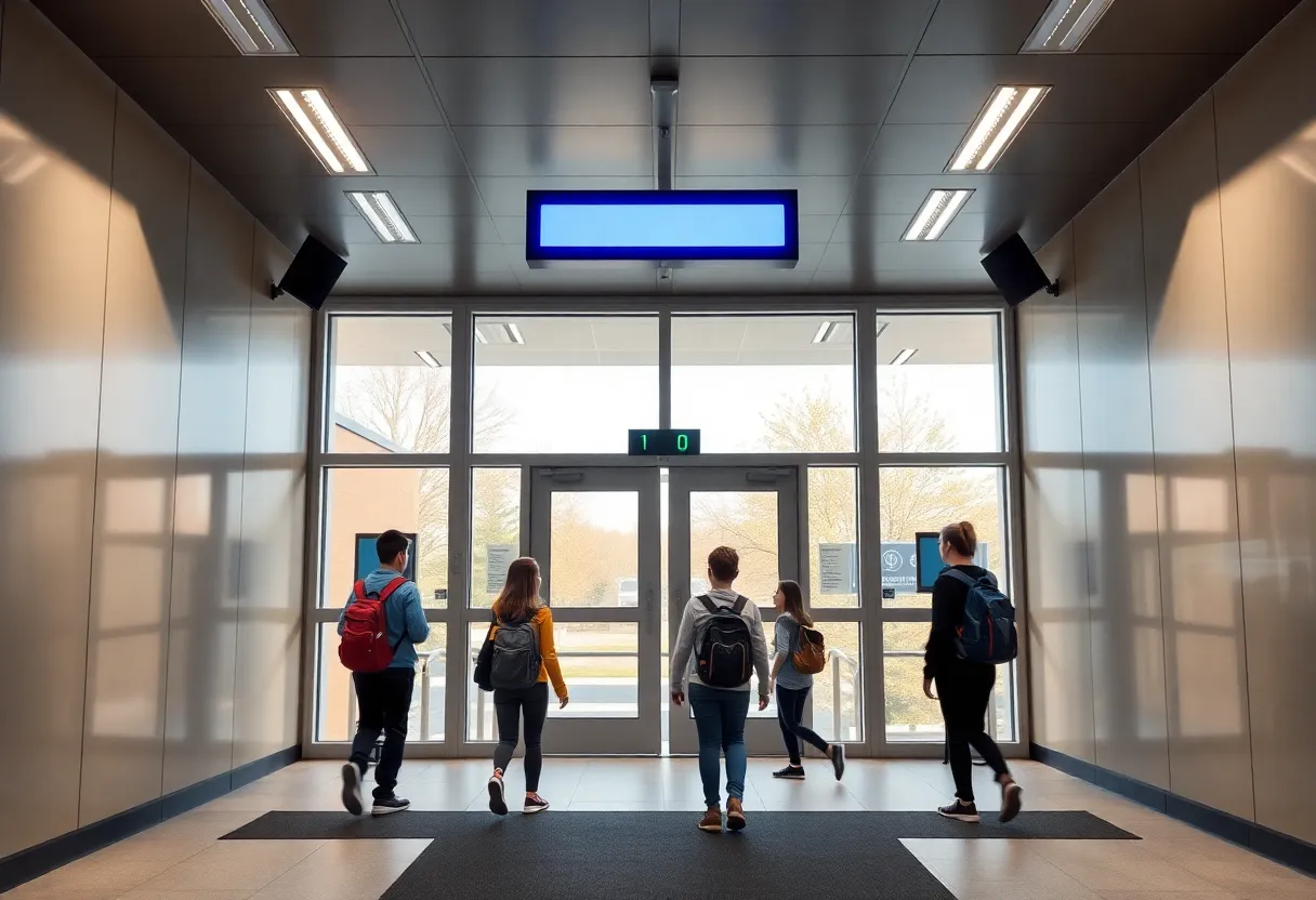 Students entering a Nashville middle school with weapon detection systems installed.