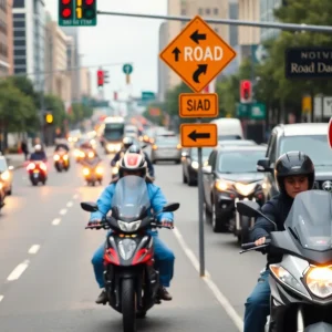 Traffic scene in Nashville with motorcycles and safety signs