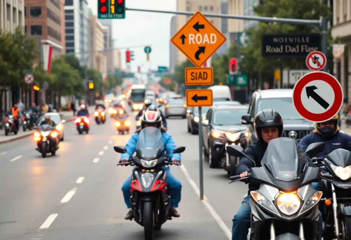 Traffic scene in Nashville with motorcycles and safety signs