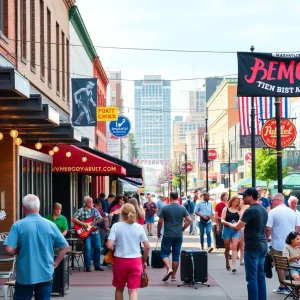 A lively street in Nashville featuring musicians and local eateries