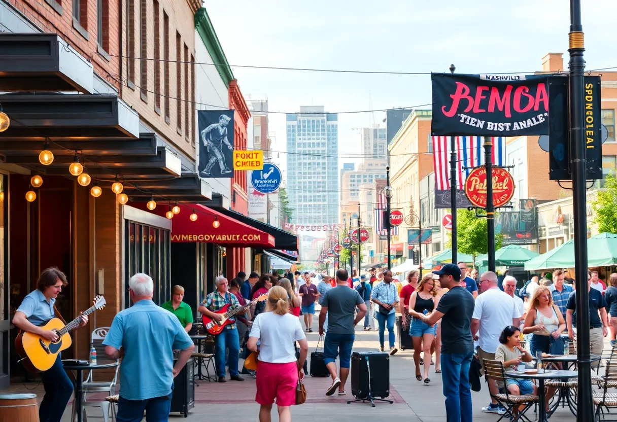 A lively street in Nashville featuring musicians and local eateries