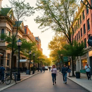 Tree-lined Nashville street with historic homes, small cafés, and students walking near apartments