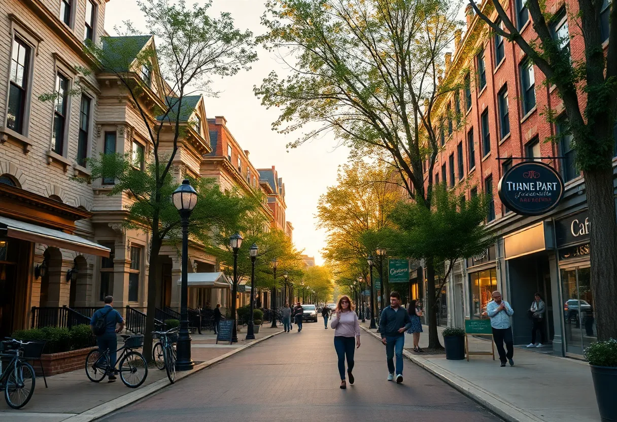 Tree-lined Nashville street with historic homes, small cafés, and students walking near apartments