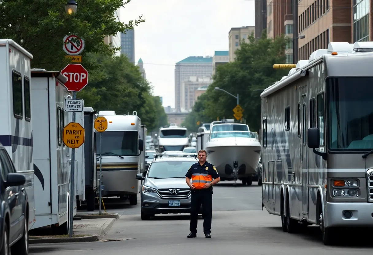 Nashville street with RVs and boats parked under parking regulation signs