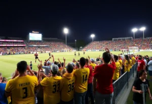 Fans cheering for Nashville SC at GEODIS Park during a match