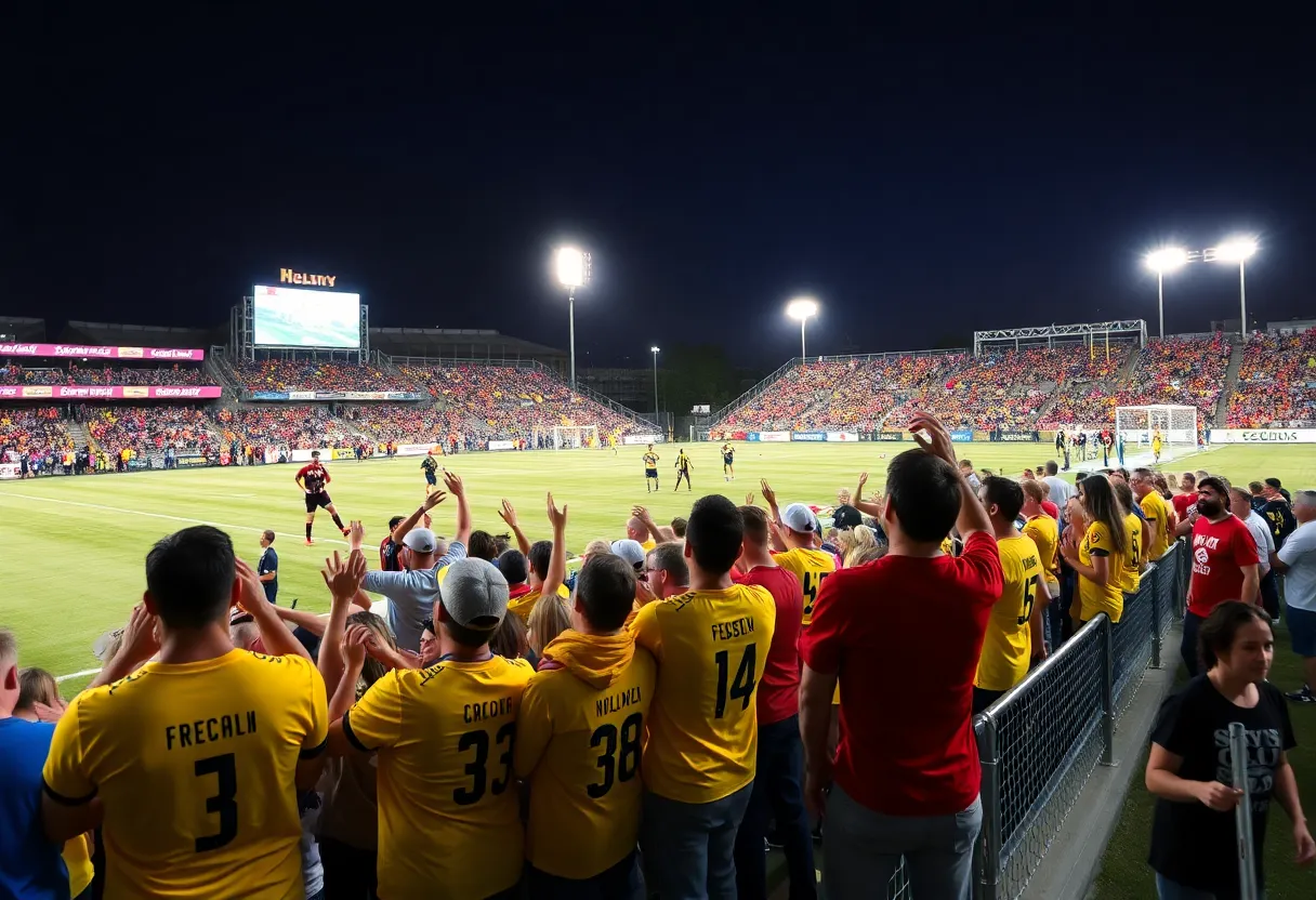 Fans cheering for Nashville SC at GEODIS Park during a match
