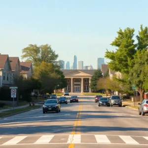 Street view of a Nashville neighborhood with a school, crosswalk, and cars during daytime commute