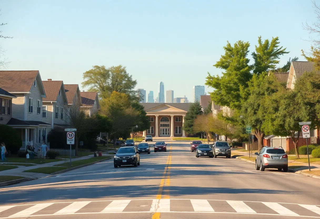 Street view of a Nashville neighborhood with a school, crosswalk, and cars during daytime commute