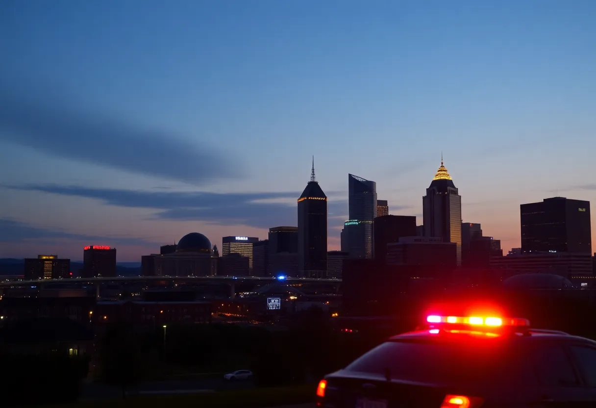 Nashville skyline with police presence during dusk