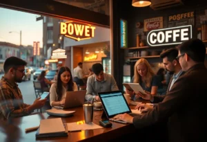 Small business owners in a Nashville cafe using laptops and tablets with accounting software, POS device and receipts on the counter, neon signs outside