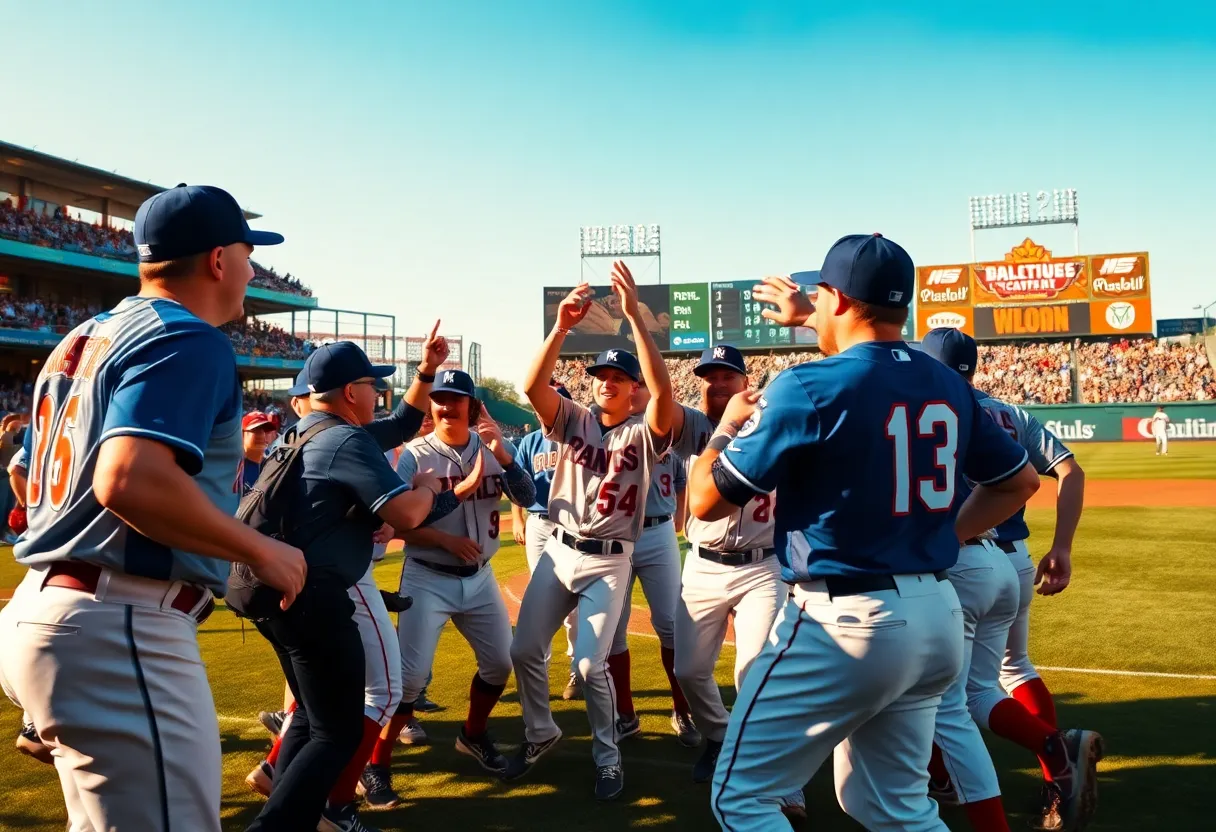 Nashville Sounds players celebrating on the field after a win.