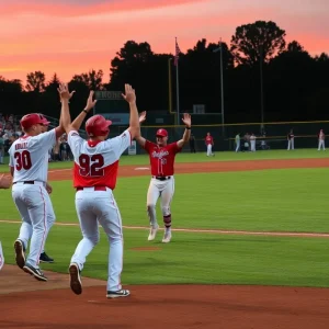 Players celebrating a walk-off home run victory at a baseball game.