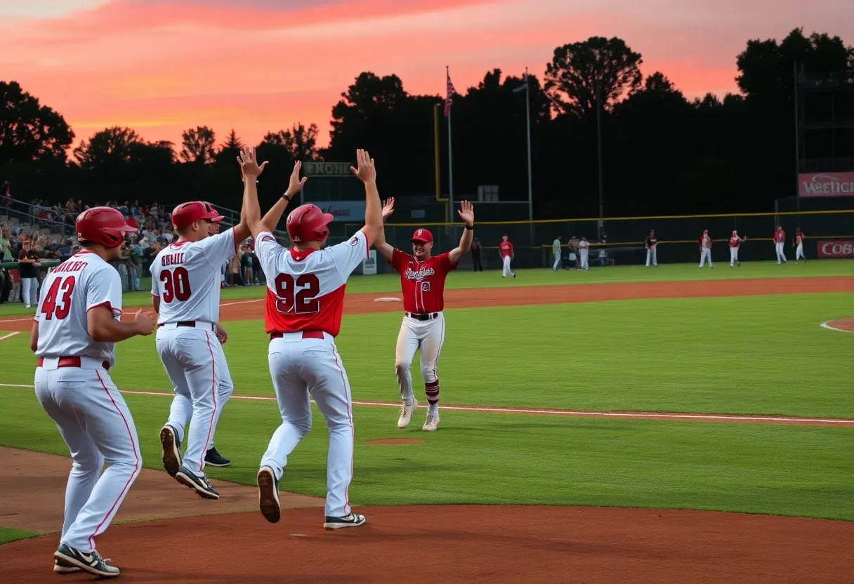 Players celebrating a walk-off home run victory at a baseball game.