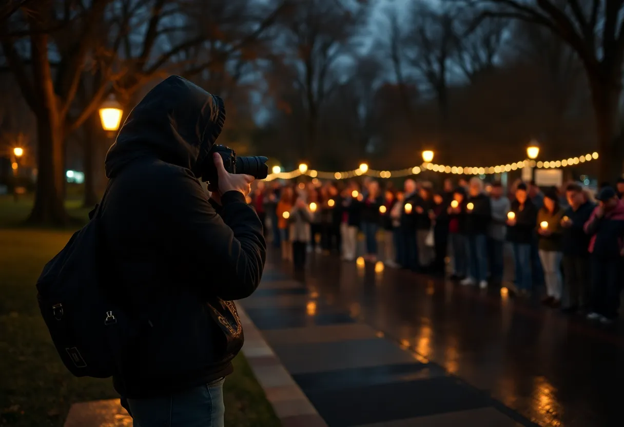 Photographer documenting an evening candlelight vigil in a park with a respectful crowd and protected camera gear.