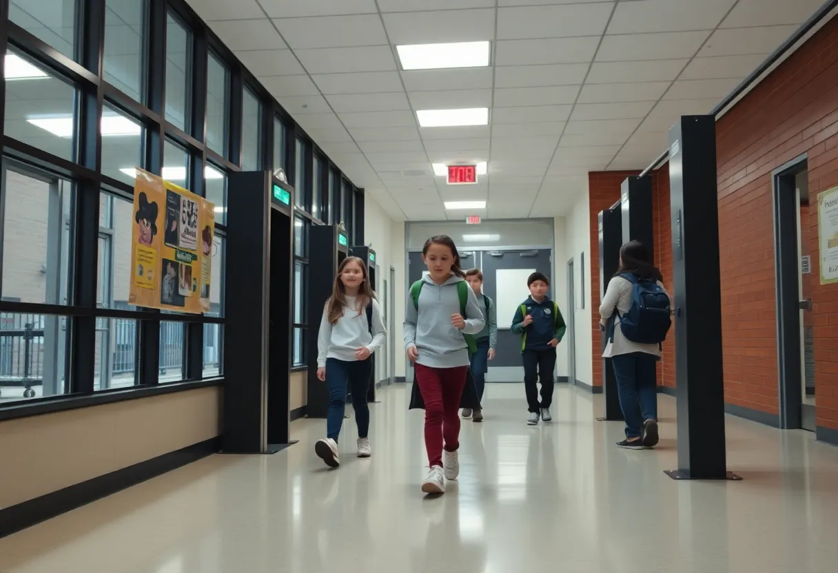 Students passing through advanced weapon detection systems in a school hallway