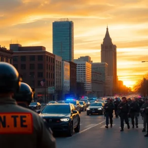 National Guard troops in Memphis cityscape