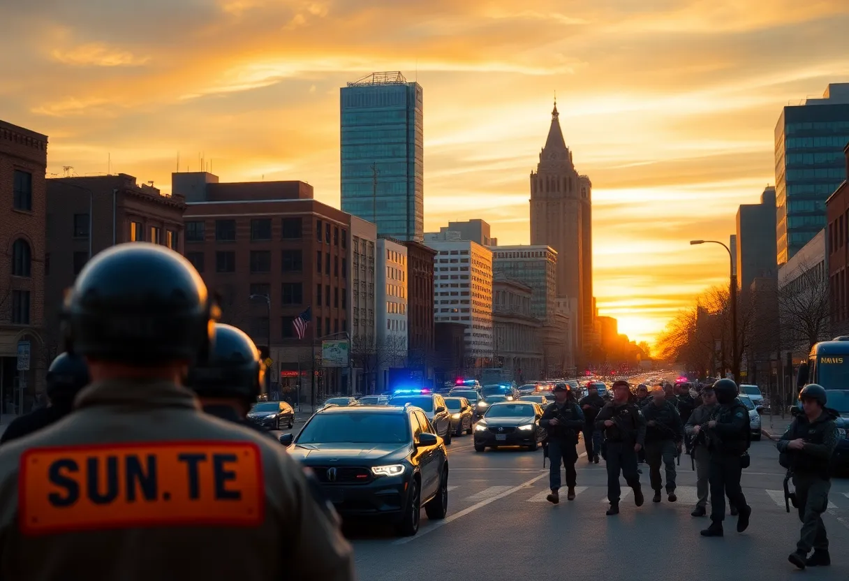 National Guard troops in Memphis cityscape
