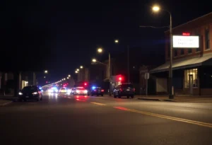 Police lights reflecting on the street in East Nashville during a crime scene investigation.
