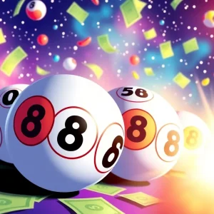 Illustration of Powerball lottery excitement with colorful balls and cash images.