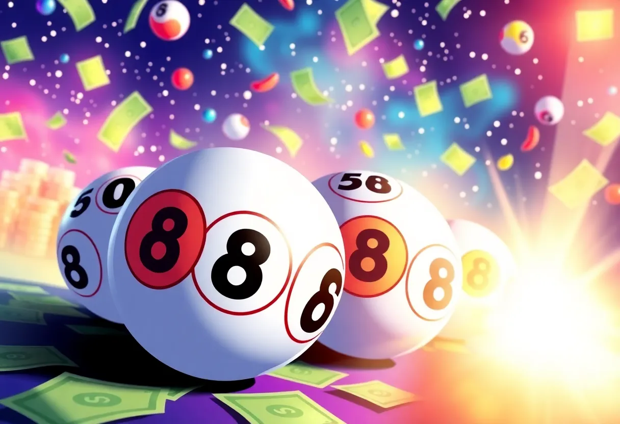 Illustration of Powerball lottery excitement with colorful balls and cash images.