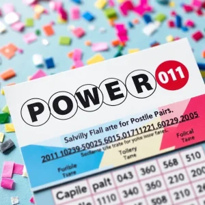 Powerball lottery tickets with festive confetti background.