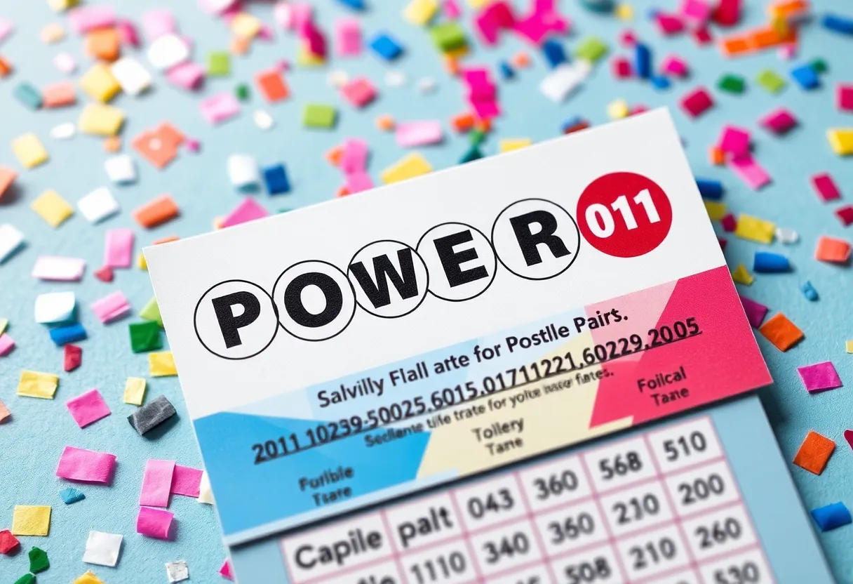 Powerball lottery tickets with festive confetti background.