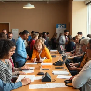 People at a community housing help desk with pamphlets and staff assisting them