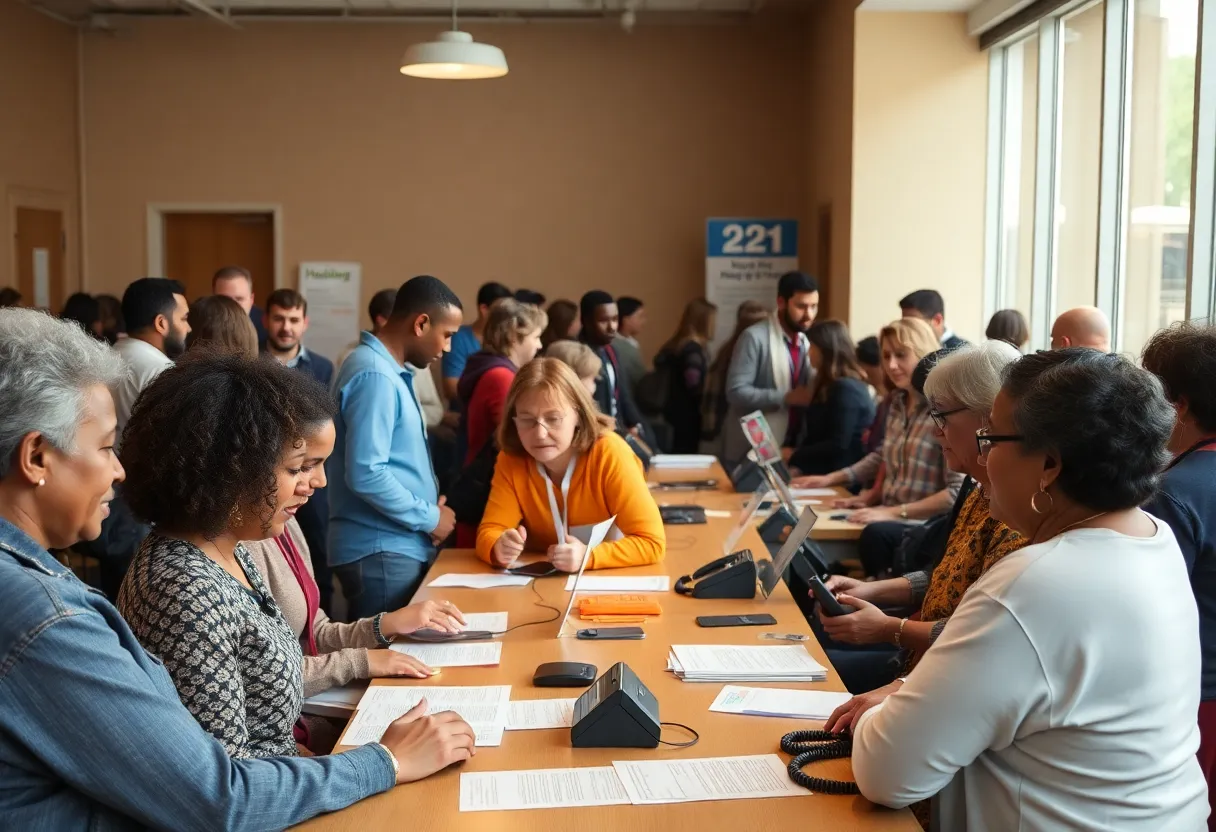 People at a community housing help desk with pamphlets and staff assisting them