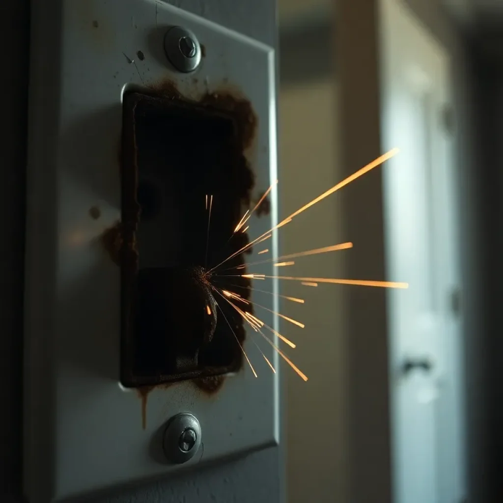 Close-up of a scorched electrical outlet with burn marks and small sparks inside a home