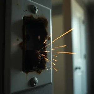 Close-up of a scorched electrical outlet with burn marks and small sparks inside a home
