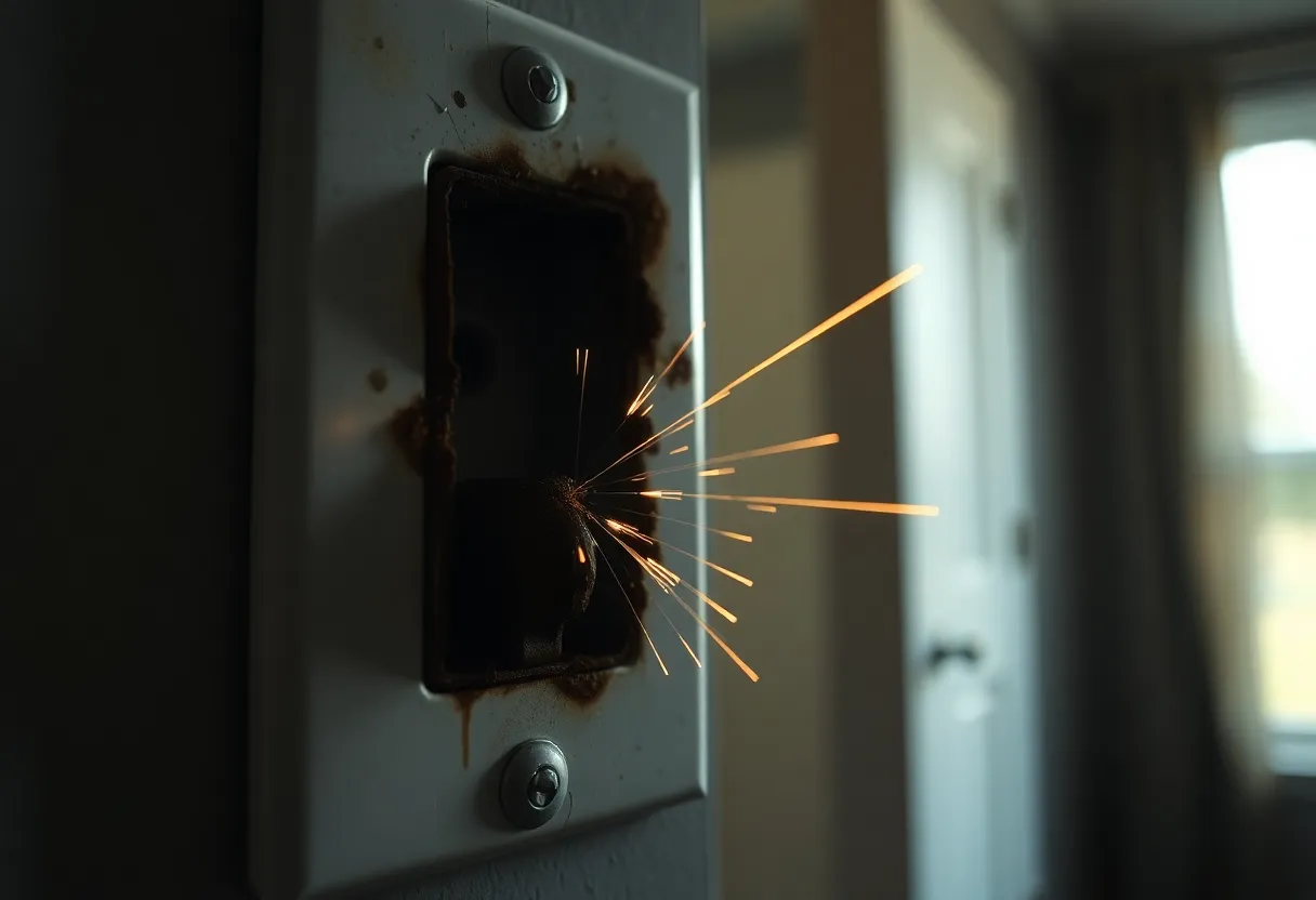 Close-up of a scorched electrical outlet with burn marks and small sparks inside a home