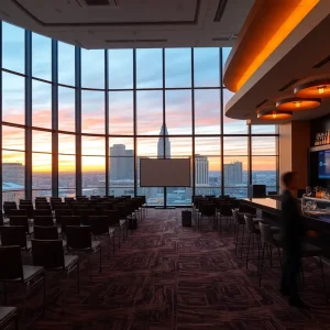 Platinum Ballroom and Skye Lounge at Sheraton Grand Nashville with skyline views and conference setup