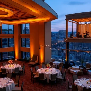 Hotel ballroom and rooftop wedding setup with Nashville skyline visible at dusk