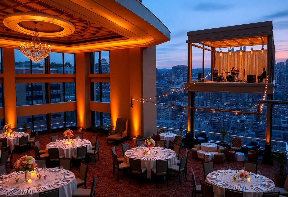 Hotel ballroom and rooftop wedding setup with Nashville skyline visible at dusk