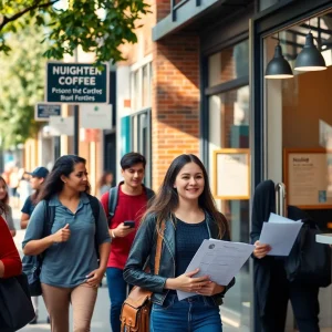 Students near campus checking job postings and a cafe hiring sign